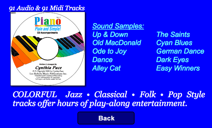 Titles of Song Samples: Up & Down, Old MacDonald, Ode to Joy, Dance, Alley Cat, The Saints, Cyan Blues, German Dance, Dark Eyes, Easy Winners