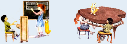 Students at Piano and Blackboard