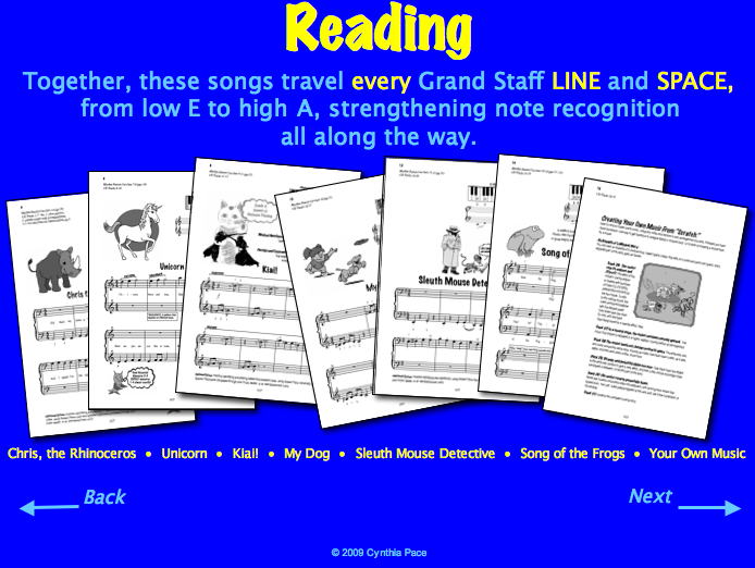 These songs travel every Grand Staff LINE and SPACE, from low E to high A, strengthening note recognition all along the way.
