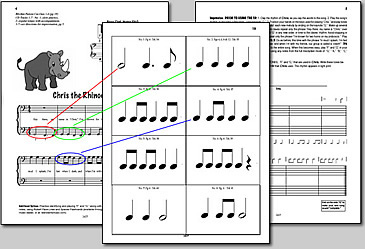 Grand Staff Capers - Sample Pages: Chris the Rhinoceros, Rhythm Flashcards, Composing Your Own Music.
