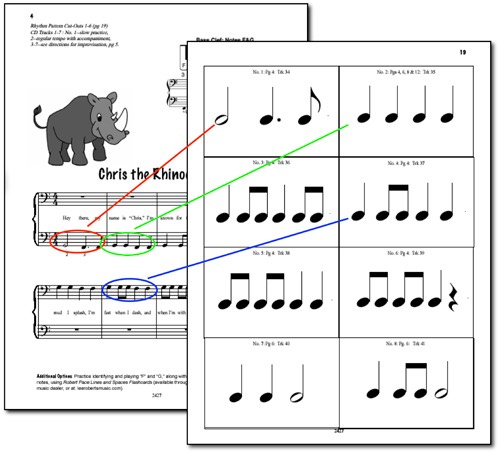 Grand Staff Capers sample pages: Chris the Rhinoceros and Rhythm Cut-Outs.
